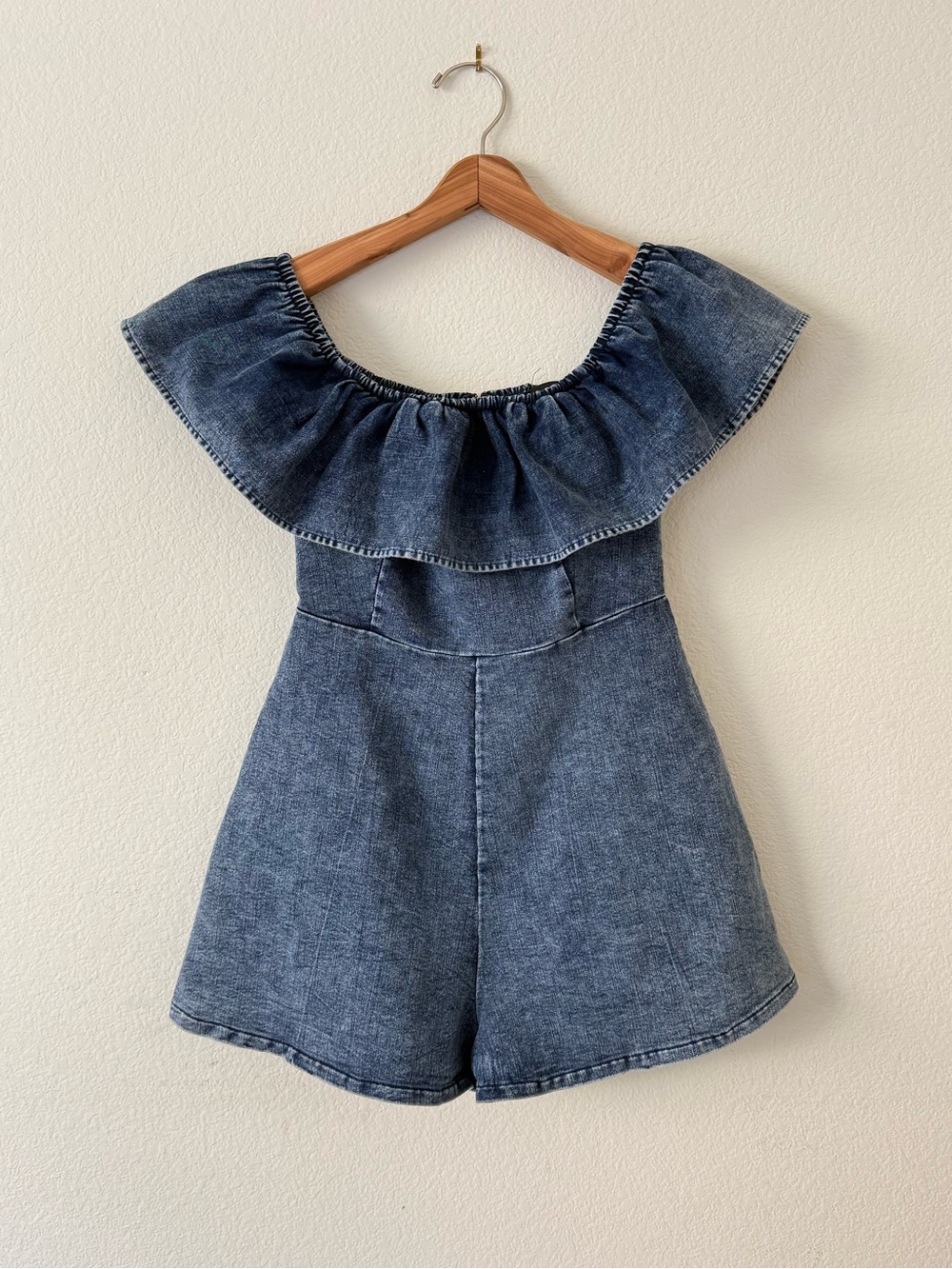 Trac Blue Denim Off-Shoulder Ruffle Romper